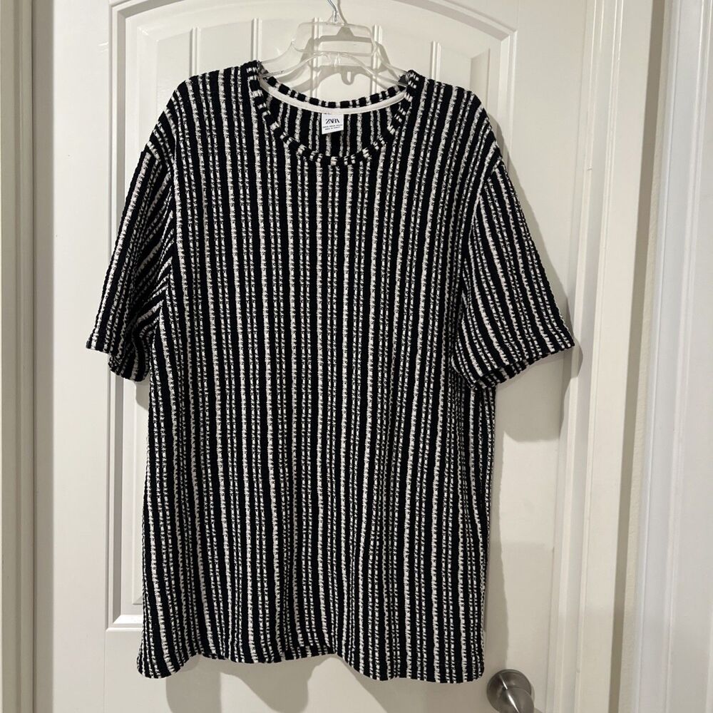 Zara Vertical Stripe Crewneck T-Shirt Men’s Size XL Short Sleeves Black/White - Picture 2 of 9